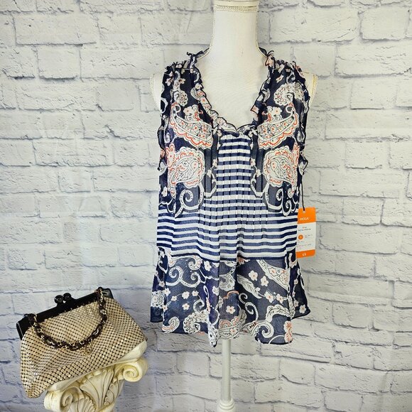NWT CAbi Size Small Blue Paisley Striped Peplum Blouse Sheer Sleeveless #5349 - Picture 1 of 12